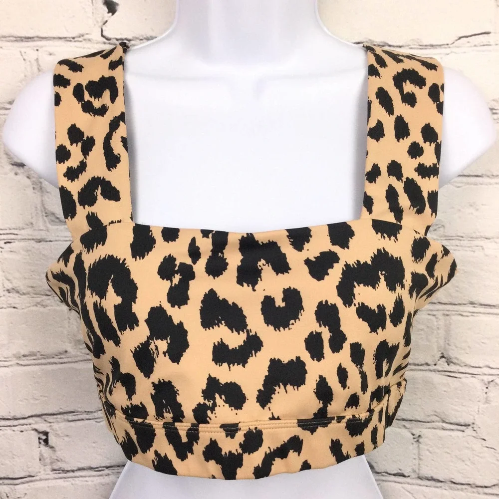 Allfenix Tan Animal Print Wide Strap Polyester Blend Sports Bra Women's Size L - Picture 2 of 14
